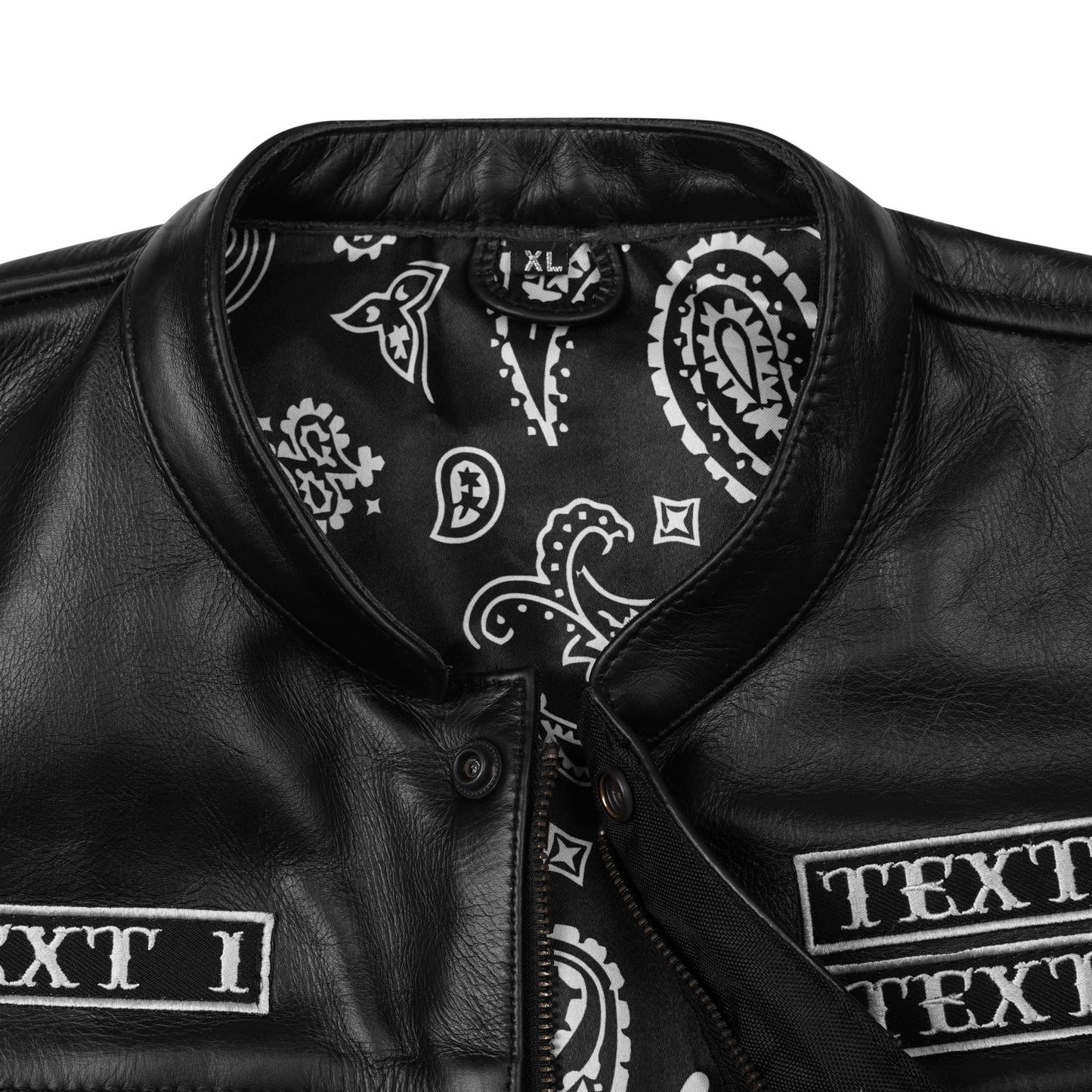 Close-up of genuine cowhide leather texture from custom embroidered biker vest, showing premium grain, durable stitching, and rugged handcrafted design. Personalized MC club vest with embroidered patches, concealed carry option, and multi-pocket layout for motorcycle riders.