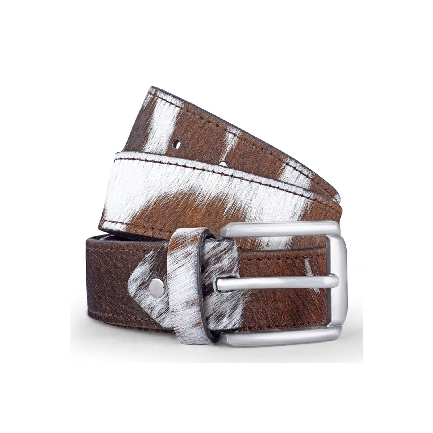 Natural hair-on cowhide leather belt in brown displayed on a white background, showing its one-of-a-kind buffalo hide pattern, strong buckle, and smooth finish.