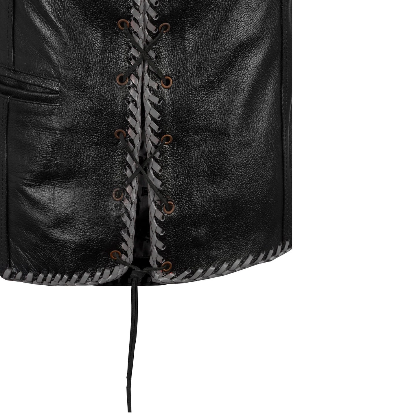 Close-up shot of Buffalo Leather Motorcycle Club Grey Ribbed Vest highlighting premium buffalo leather texture, ribbed grey detailing, satin interior, and reinforced stitching. Biker vest with customizable embroidery and patch options, built for MC riders, rebels, and enthusiasts who value strength, individuality, and biker culture.