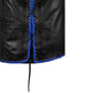 Close-up view of Buffalo Leather Motorcycle Club Blue Ribbed Vest, highlighting premium A+ grade buffalo leather texture, ribbed panel construction, secure stitching, satin lining, and durable closure design. Custom biker vest tailored for motorcycle riders, rebels, and enthusiasts seeking standout style, comfort, and long-lasting performance.