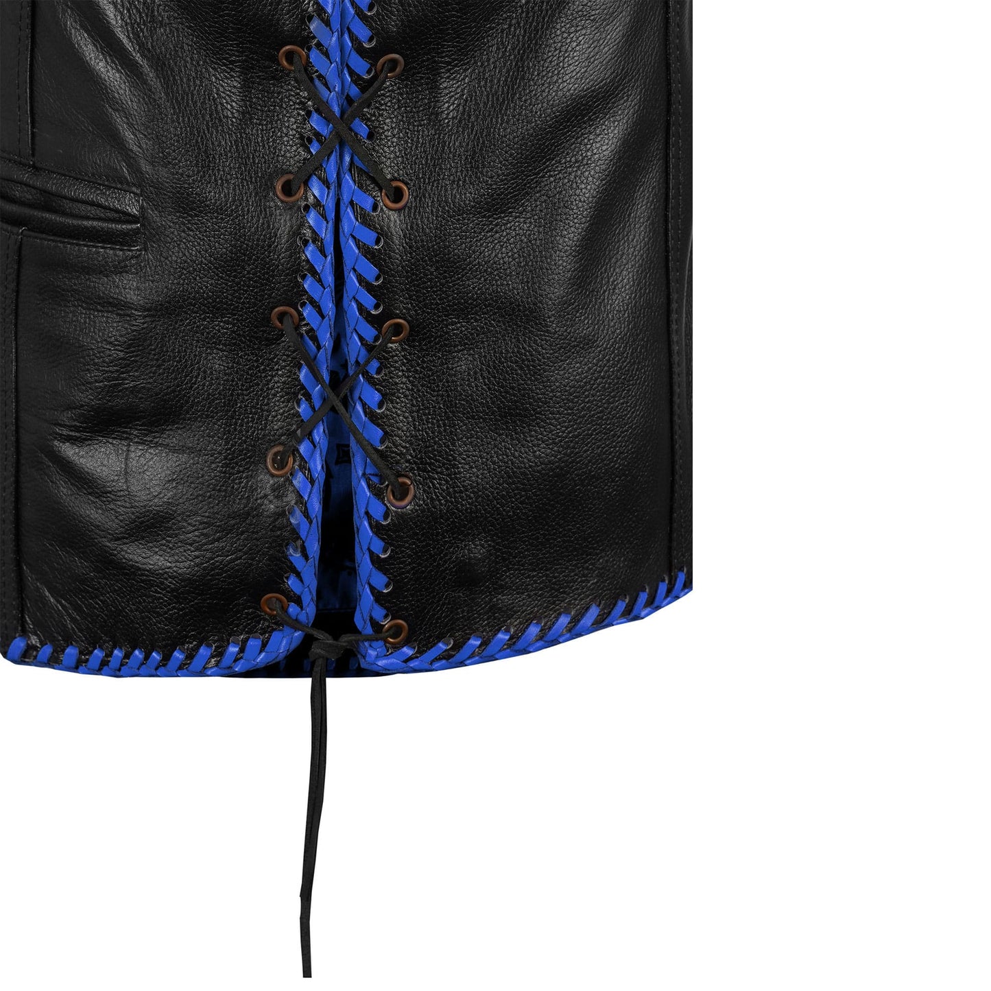 Close-up view of Buffalo Leather Motorcycle Club Blue Ribbed Vest, highlighting premium A+ grade buffalo leather texture, ribbed panel construction, secure stitching, satin lining, and durable closure design. Custom biker vest tailored for motorcycle riders, rebels, and enthusiasts seeking standout style, comfort, and long-lasting performance.
