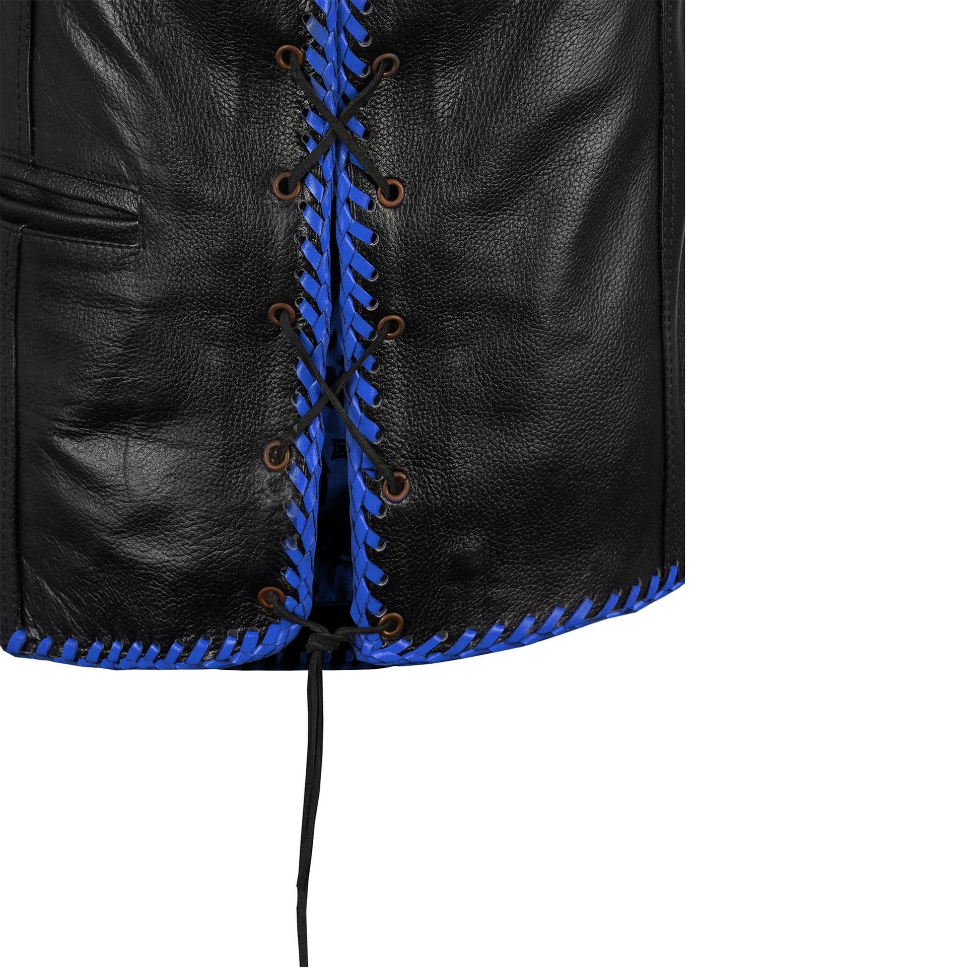 Close-up view of Buffalo Leather Motorcycle Club Blue Ribbed Vest, highlighting premium A+ grade buffalo leather texture, ribbed panel construction, secure stitching, satin lining, and durable closure design. Custom biker vest tailored for motorcycle riders, rebels, and enthusiasts seeking standout style, comfort, and long-lasting performance.