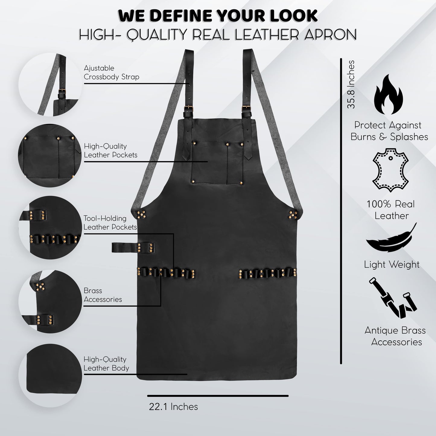 Custom cowhide leather multipurpose apron with cross-back adjustable straps and brass hardware. Designed for hairstylists, BBQ chefs, butchers, and craftsmen. Includes tool loops and deep storage pockets. Personalized leather workwear ideal as a gift for men or professionals.

