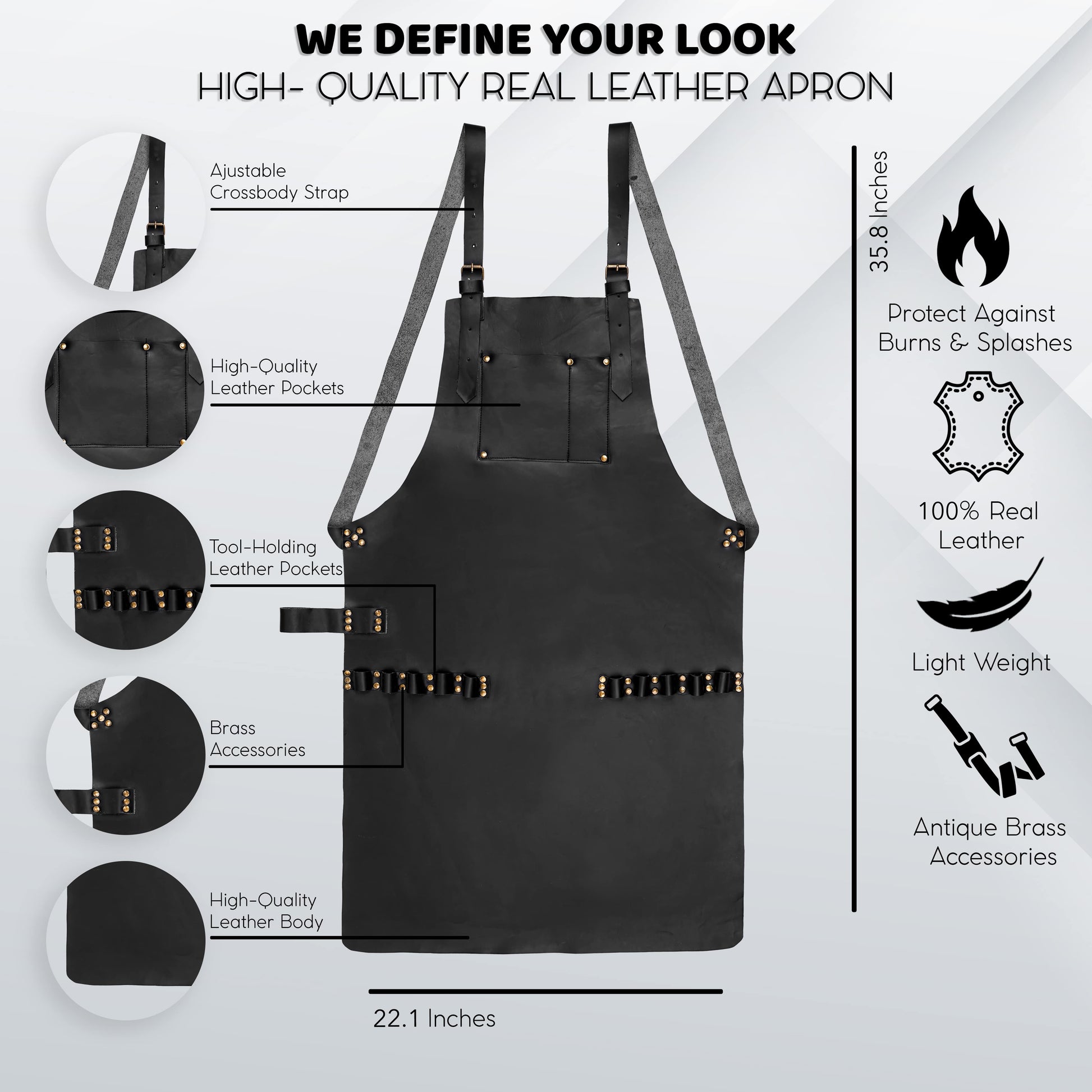 Custom cowhide leather multipurpose apron with cross-back adjustable straps and brass hardware. Designed for hairstylists, BBQ chefs, butchers, and craftsmen. Includes tool loops and deep storage pockets. Personalized leather workwear ideal as a gift for men or professionals.

