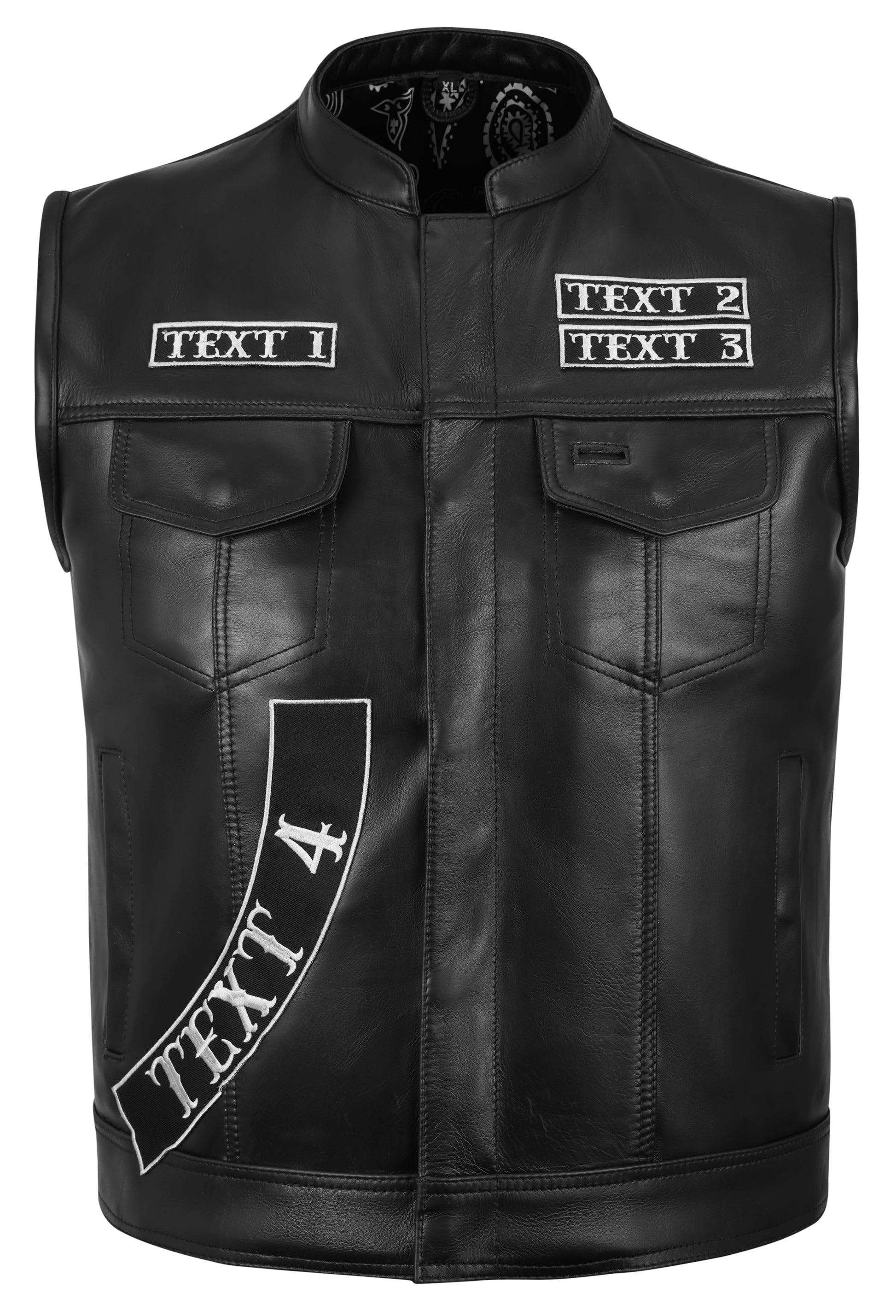 Custom embroidered leather MC club vest made from A+ grade genuine cowhide leather in classic black. Features multi-pocket layout, snap and zipper dual closure, and fully customizable with 7 embroidered text patches plus 1 large logo embroidery. Ideal for motorcycle riders, biker clubs, and personalized club gear.
