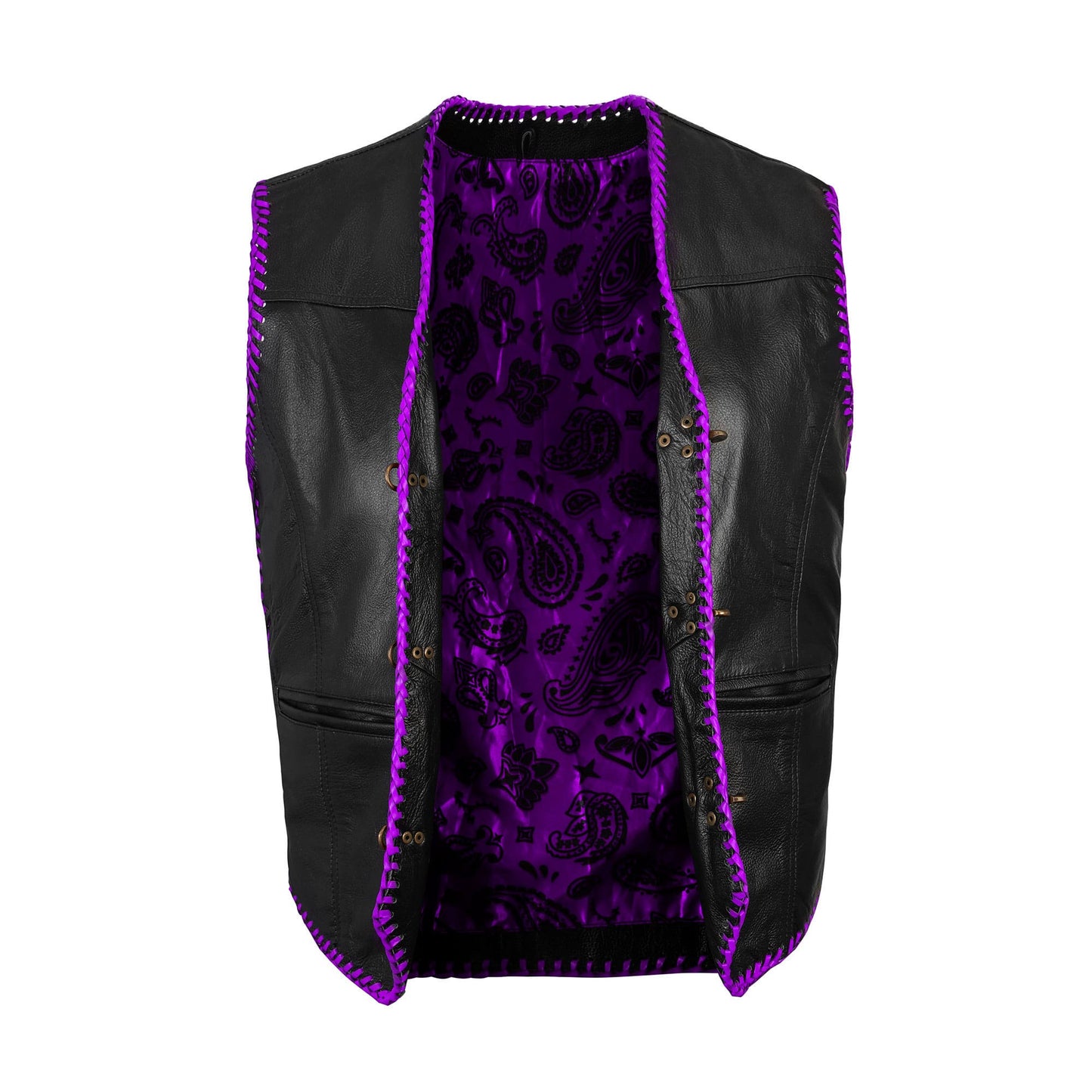 Custom purple biker vest in genuine cowhide leather with diamond stitching design, tailored for motorcycle riders who value durability and bold style. Handmade with precision, this vest ensures comfort, rugged appeal, and personalized options. Ideal for MC members, cruiser riders, or rebels looking for premium-quality biker vests to express individuality on and off the road.