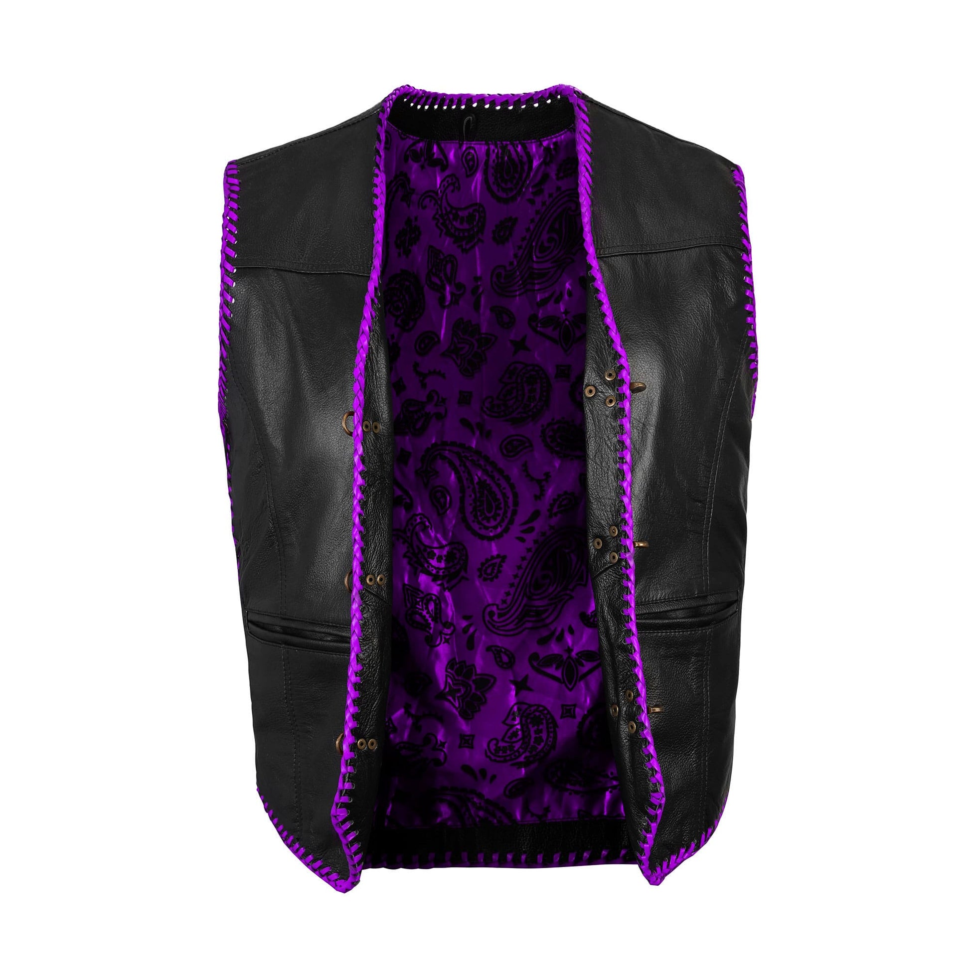 Custom purple biker vest in genuine cowhide leather with diamond stitching design, tailored for motorcycle riders who value durability and bold style. Handmade with precision, this vest ensures comfort, rugged appeal, and personalized options. Ideal for MC members, cruiser riders, or rebels looking for premium-quality biker vests to express individuality on and off the road.