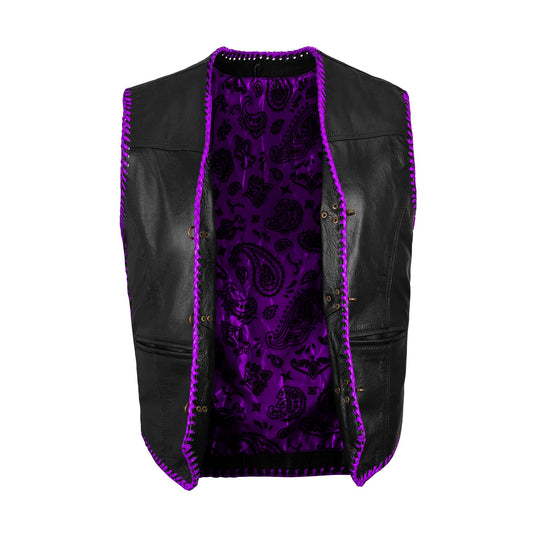 Custom purple biker vest in genuine cowhide leather with diamond stitching design, tailored for motorcycle riders who value durability and bold style. Handmade with precision, this vest ensures comfort, rugged appeal, and personalized options. Ideal for MC members, cruiser riders, or rebels looking for premium-quality biker vests to express individuality on and off the road.
