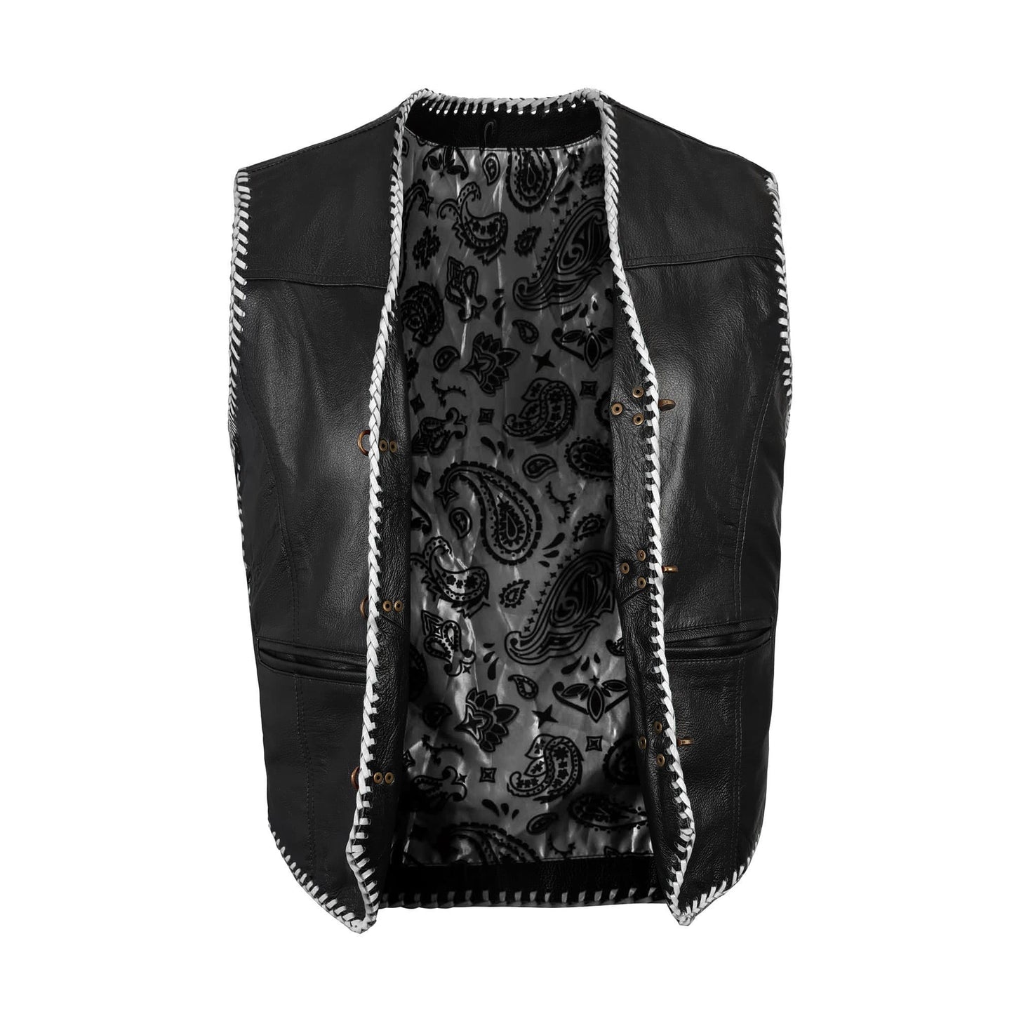 Custom white biker vest made from A+ grade genuine cowhide leather, featuring side lace closure and brass button front. This handmade leather motorcycle vest is designed for MC club members, motorcycle riders, and fashion-forward bikers seeking a rugged yet stylish leather vest for riding, rallies, and long-lasting performance on the road.