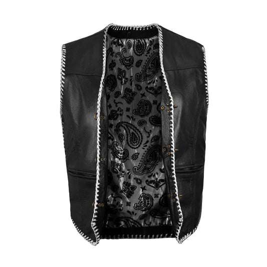 Custom white biker vest made from A+ grade genuine cowhide leather, featuring side lace closure and brass button front. This handmade leather motorcycle vest is designed for MC club members, motorcycle riders, and fashion-forward bikers seeking a rugged yet stylish leather vest for riding, rallies, and long-lasting performance on the road.