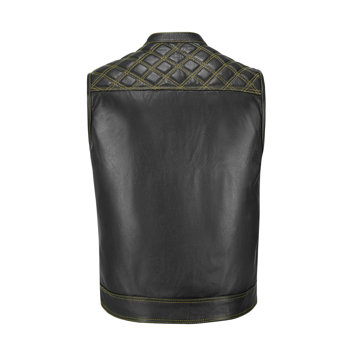 Customizable yellow cowhide leather biker vest with bold diamond stitched detailing. Designed for motorcycle riders, club members, and rebels who value individuality and tough biker gear. Features include secure YKK brass zipper, dual chest pockets, satin lining, and concealed carry option. Handmade with premium cowhide leather, this yellow diamond stitched motorcycle vest combines rugged durability with biker lifestyle fashion for standout road presence.
