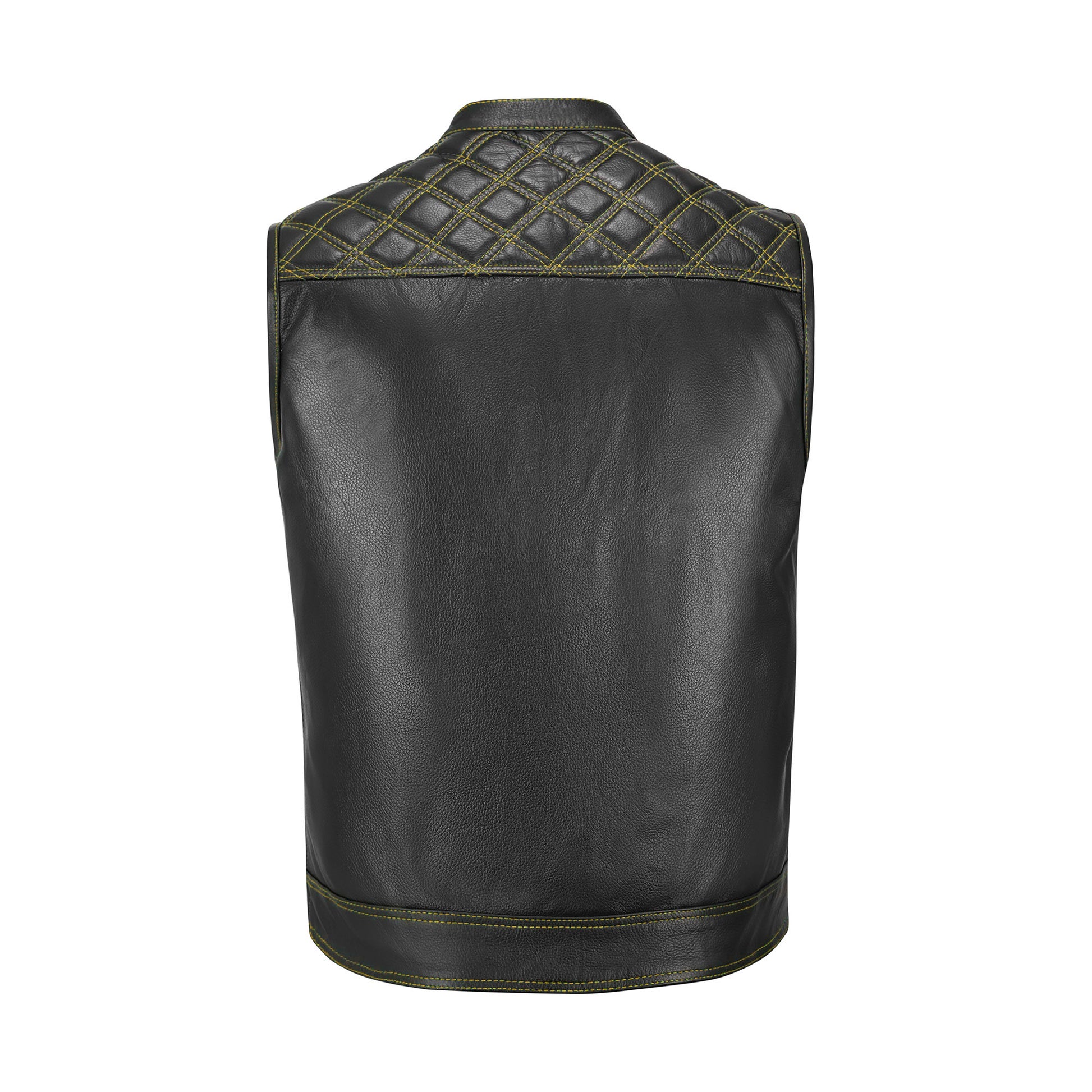 Customizable yellow cowhide leather biker vest with bold diamond stitched detailing. Designed for motorcycle riders, club members, and rebels who value individuality and tough biker gear. Features include secure YKK brass zipper, dual chest pockets, satin lining, and concealed carry option. Handmade with premium cowhide leather, this yellow diamond stitched motorcycle vest combines rugged durability with biker lifestyle fashion for standout road presence.