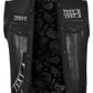 Detail view of custom embroidered black leather vest with heavy-duty zipper and snap button closure. Features multiple pockets including two inner storage compartments with optional concealed carry design. Perfect for biker clubs, motorcycle riders, and customized leather club apparel.