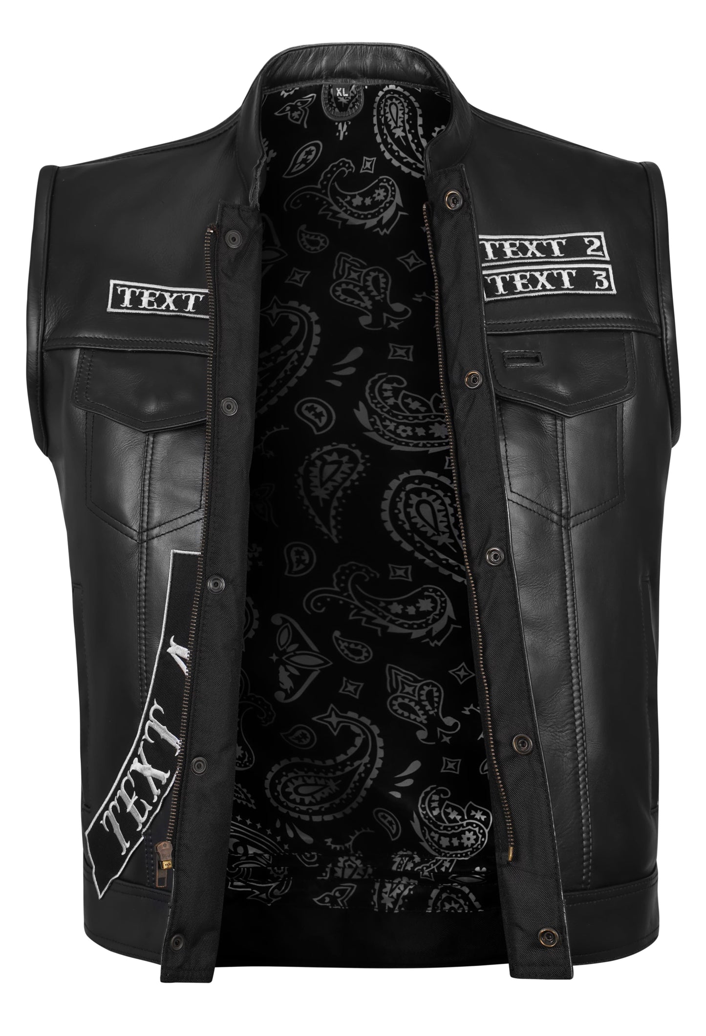 Detail view of custom embroidered black leather vest with heavy-duty zipper and snap button closure. Features multiple pockets including two inner storage compartments with optional concealed carry design. Perfect for biker clubs, motorcycle riders, and customized leather club apparel.