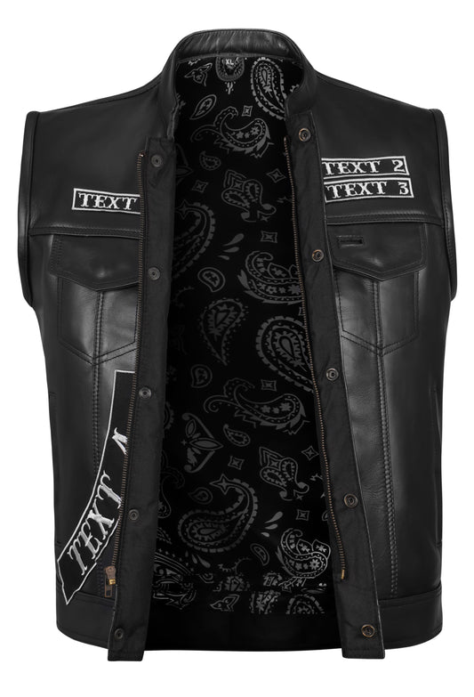 Detail view of custom embroidered black leather vest with heavy-duty zipper and snap button closure. Features multiple pockets including two inner storage compartments with optional concealed carry design. Perfect for biker clubs, motorcycle riders, and customized leather club apparel.