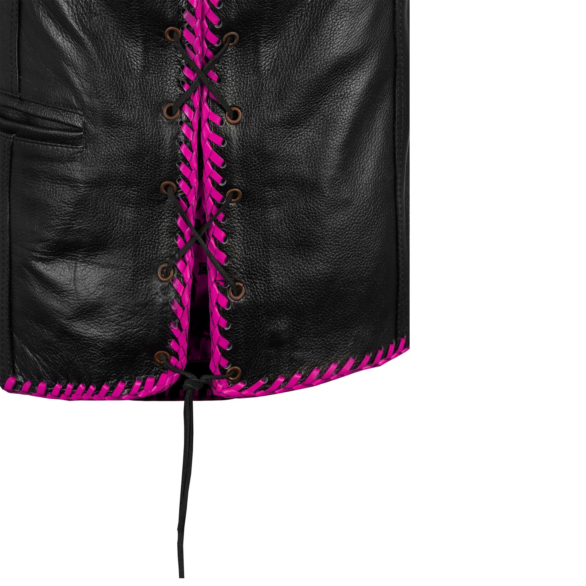Detailed close-up of the diamond pink stitching on genuine cowhide leather vest, showing premium craftsmanship and handmade durability. Ideal for bikers, motorcycle club members, and riders wanting a standout customizable pink vest.