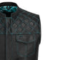 Detailed close-up view of the Turquoise Diamond Stitched MC Club Vest showcasing premium cowhide leather craftsmanship. Bold turquoise diamond stitching enhances biker aesthetics, with satin lining and heavy-duty YKK zipper closure. Designed for motorcycle clubs, rebels, and enthusiasts who value rugged durability and custom style. Perfect for bikers seeking a standout turquoise stitched vest.