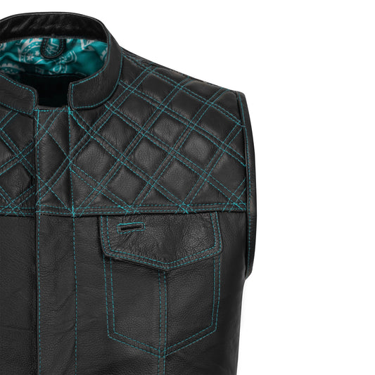 Detailed close-up view of the Turquoise Diamond Stitched MC Club Vest showcasing premium cowhide leather craftsmanship. Bold turquoise diamond stitching enhances biker aesthetics, with satin lining and heavy-duty YKK zipper closure. Designed for motorcycle clubs, rebels, and enthusiasts who value rugged durability and custom style. Perfect for bikers seeking a standout turquoise stitched vest.