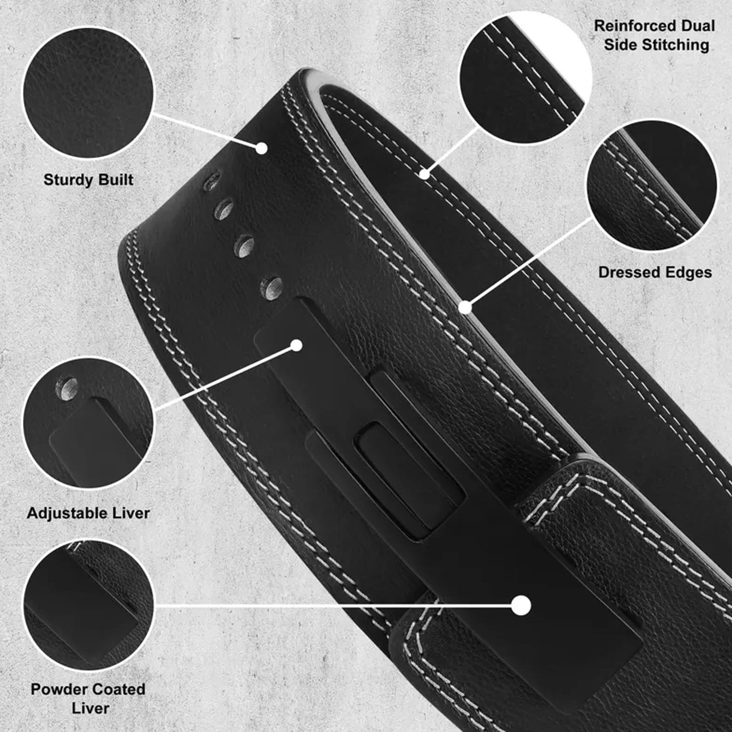 Detailed close-up view of the cowhide leather surface and dual-side reinforced stitching, showcasing premium craftsmanship and heavy-duty durability for weight training.


