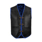Detailed image of Buffalo Leather Blue Ribbed Motorcycle Vest featuring multiple pockets for storage, optional concealed carry compartment, hook closure system, and side lace adjustability. Designed for motorcycle riders and club members who demand function, security, and personalized customization with logos or embroidered patches.