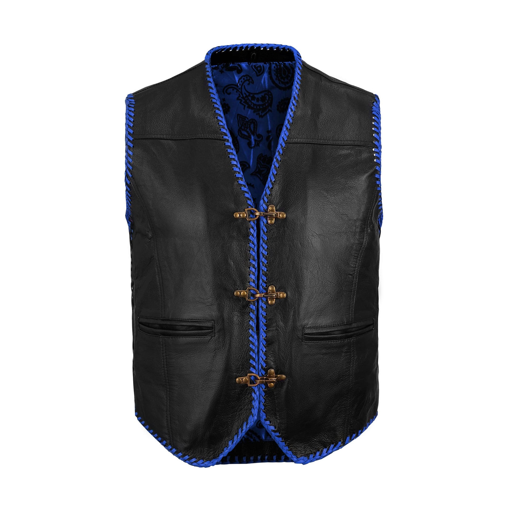 Detailed image of Buffalo Leather Blue Ribbed Motorcycle Vest featuring multiple pockets for storage, optional concealed carry compartment, hook closure system, and side lace adjustability. Designed for motorcycle riders and club members who demand function, security, and personalized customization with logos or embroidered patches.