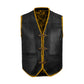 Detailed image of Buffalo Leather Golden Ribbed Biker Vest showing waist pockets, optional concealed carry compartment, hook closure, and lace side adjustment. Designed for riders who want functional motorcycle gear that is rugged, stylish, and customizable with embroidery for MC clubs and biker communities.