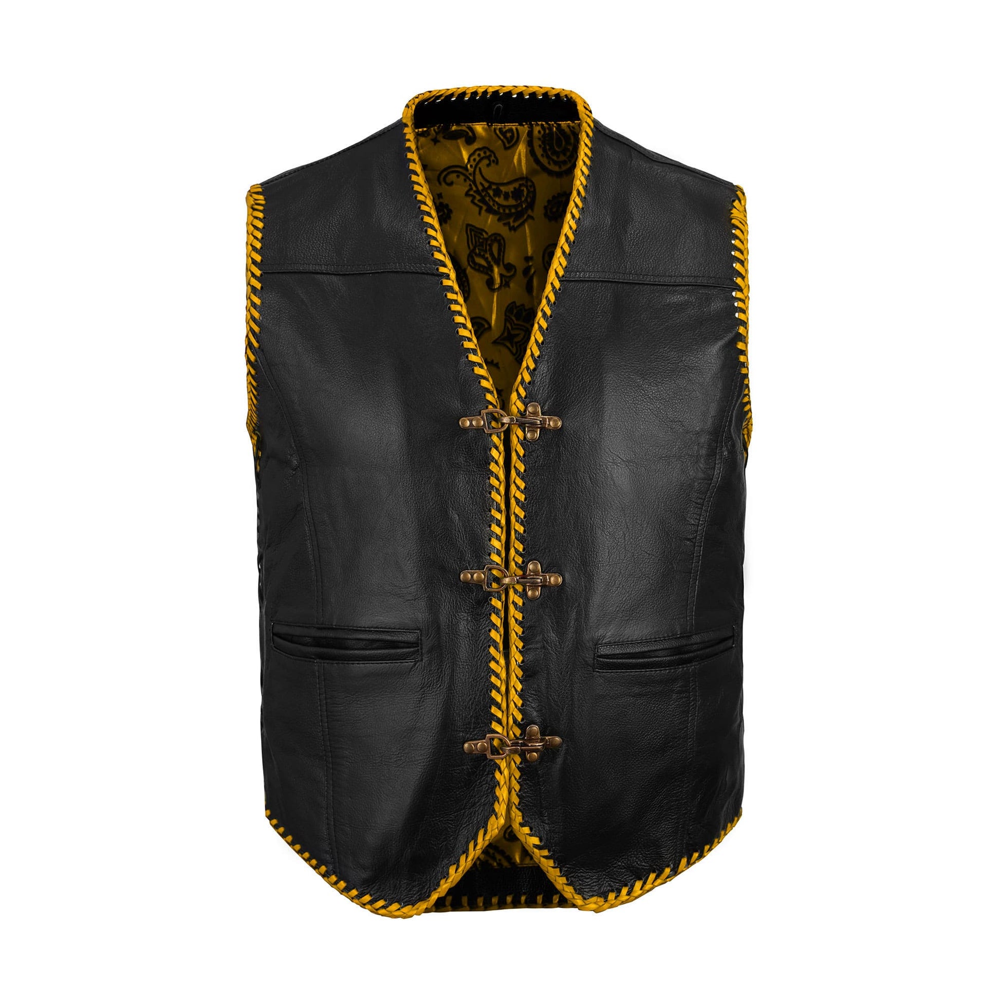 Detailed image of Buffalo Leather Golden Ribbed Biker Vest showing waist pockets, optional concealed carry compartment, hook closure, and lace side adjustment. Designed for riders who want functional motorcycle gear that is rugged, stylish, and customizable with embroidery for MC clubs and biker communities.