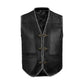 Detailed shot of Buffalo Leather Grey Ribbed Motorcycle Vest featuring waist storage pockets, concealed carry option, hook closure, and side lace adjustment. Designed for MC club riders and bikers seeking rugged leather motorcycle vests with function, customization, and bold ribbed styling.