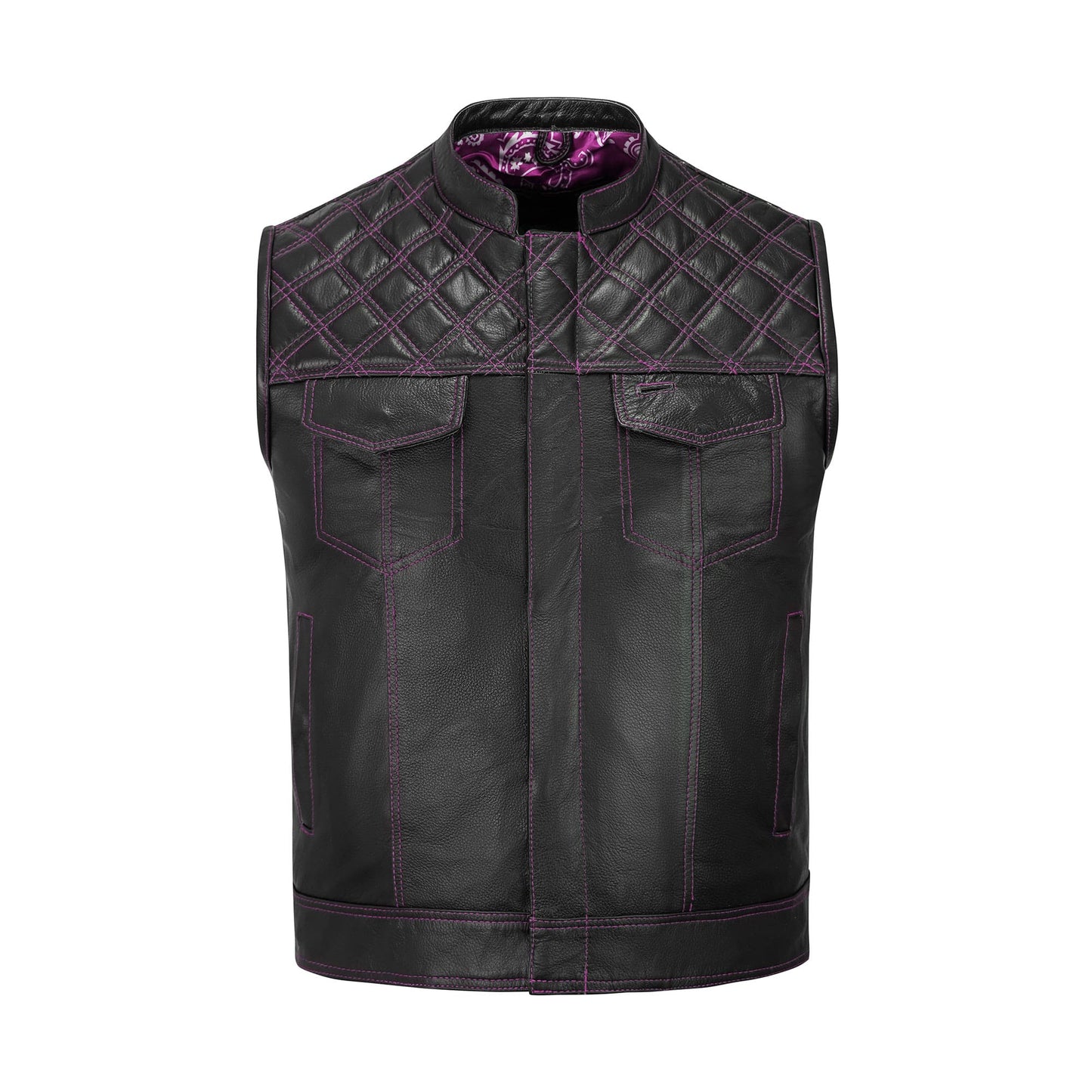 Detailed view of a Pink Diamond Stitched MC Club Vest crafted from A+ grade cowhide leather. This biker vest features bold pink stitching, YKK brass zipper closure, satin printed lining, dual pockets, and optional concealed carry compartments. Designed for motorcycle club members, rebels, and riders, this vest highlights rugged biker fashion while offering customization for patches, colors, and sizing.
