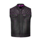 Detailed view of a Purple Diamond Stitched MC Club Vest crafted from A+ grade cowhide leather. This biker vest features bold purple stitching, YKK brass zipper closure, satin printed lining, dual pockets, and optional concealed carry compartments. Designed for motorcycle club members, rebels, and riders, this vest highlights rugged biker fashion while offering customization for patches, colors, and sizing.