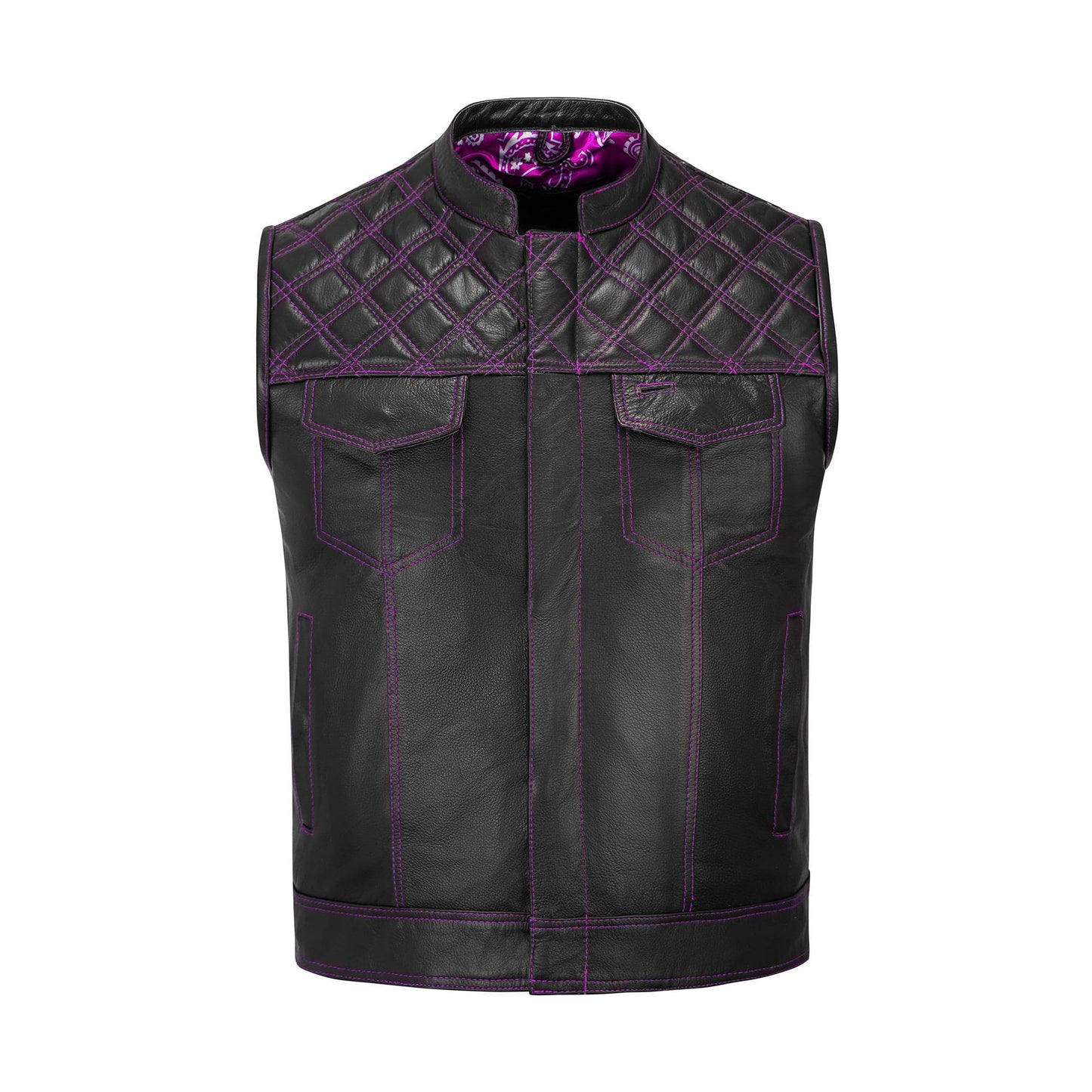 Detailed view of a Purple Diamond Stitched MC Club Vest crafted from A+ grade cowhide leather. This biker vest features bold purple stitching, YKK brass zipper closure, satin printed lining, dual pockets, and optional concealed carry compartments. Designed for motorcycle club members, rebels, and riders, this vest highlights rugged biker fashion while offering customization for patches, colors, and sizing.