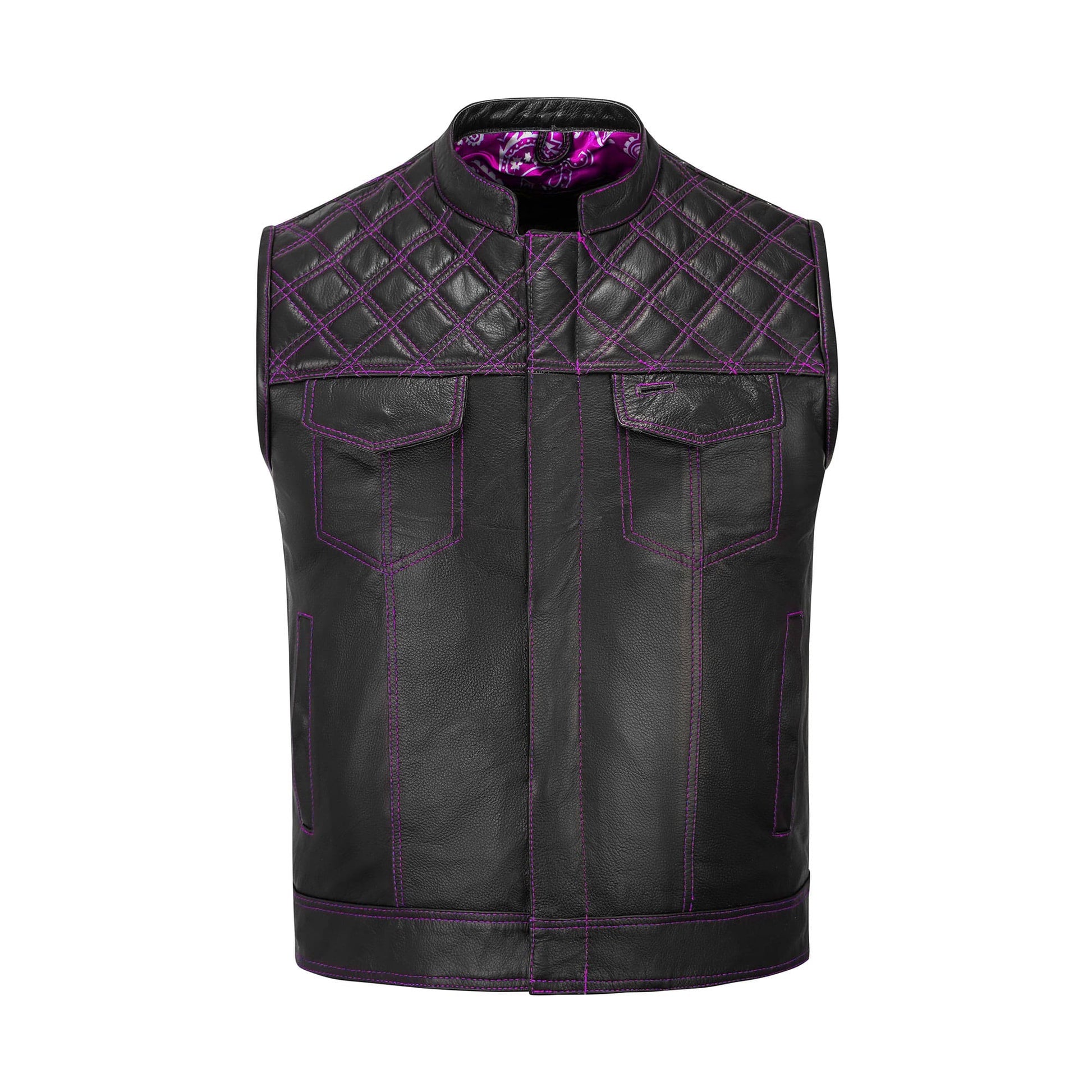 Detailed view of a Purple Diamond Stitched MC Club Vest crafted from A+ grade cowhide leather. This biker vest features bold purple stitching, YKK brass zipper closure, satin printed lining, dual pockets, and optional concealed carry compartments. Designed for motorcycle club members, rebels, and riders, this vest highlights rugged biker fashion while offering customization for patches, colors, and sizing.