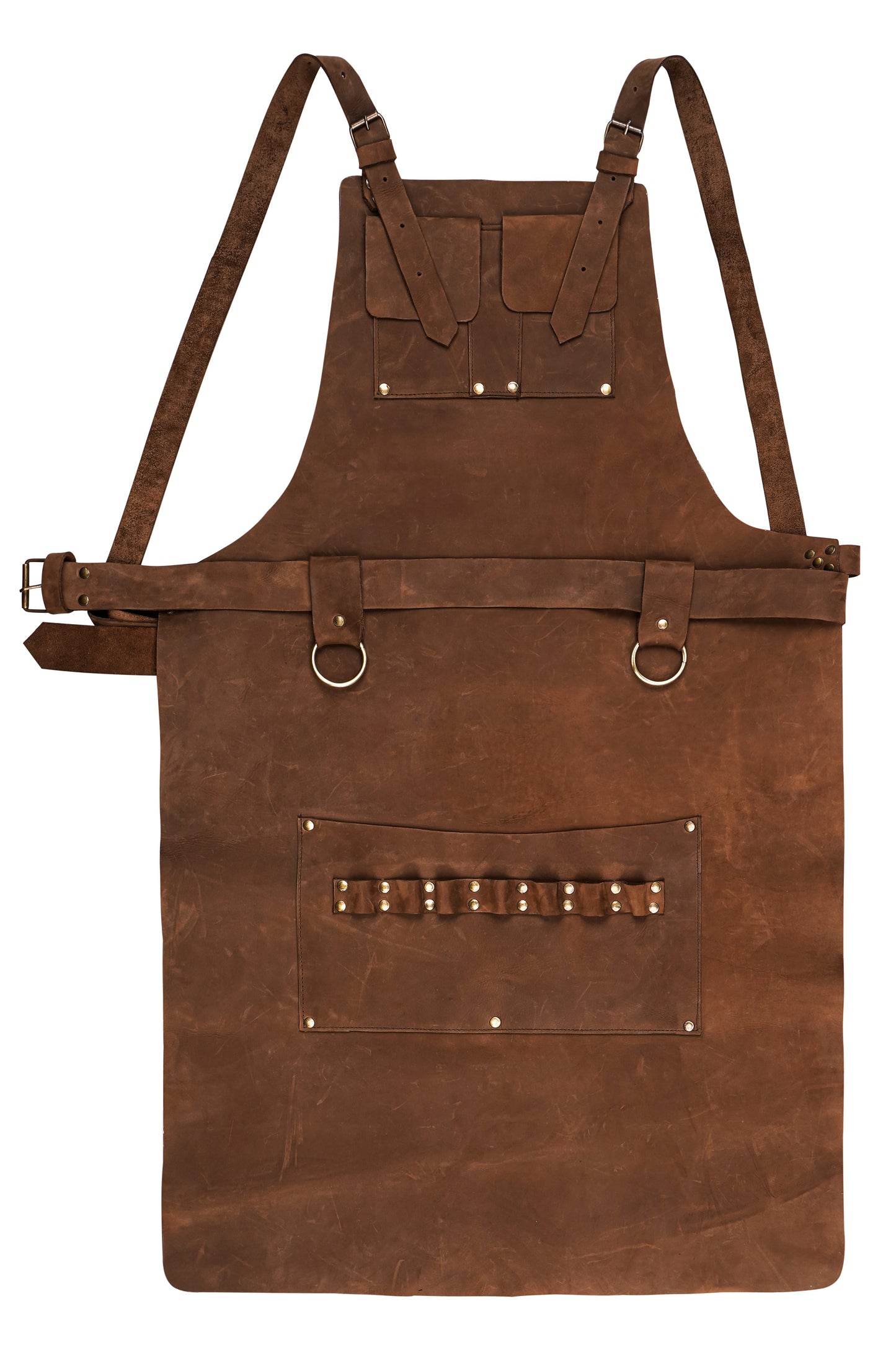Durable leather grilling apron made from premium pull-up cowhide, fitted with towel rings, secure buckled straps, and front compartments for utensils or tools. Ideal for hairstylists, chefs, and carpenters. Custom engraving adds a unique touch, turning this apron into the perfect gift for any occasion.


