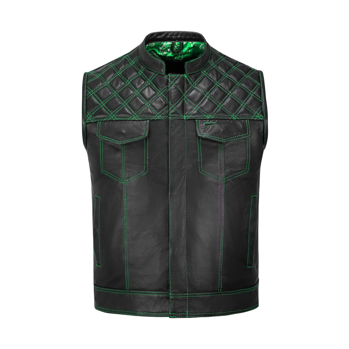 Engineered for riders who demand quality, the Green Diamond Stitched MC Vest blends tough cowhide leather with bold biker style. Featuring a premium satin lining, green diamond stitching, and heavy-duty zipper closure, this vest is built for durability. Customization options allow you to add patches and choose colors and sizes, making it perfect for motorcycle clubs, rebels, and individuals who embrace the biker lifestyle. A must-have for every rider’s collection.