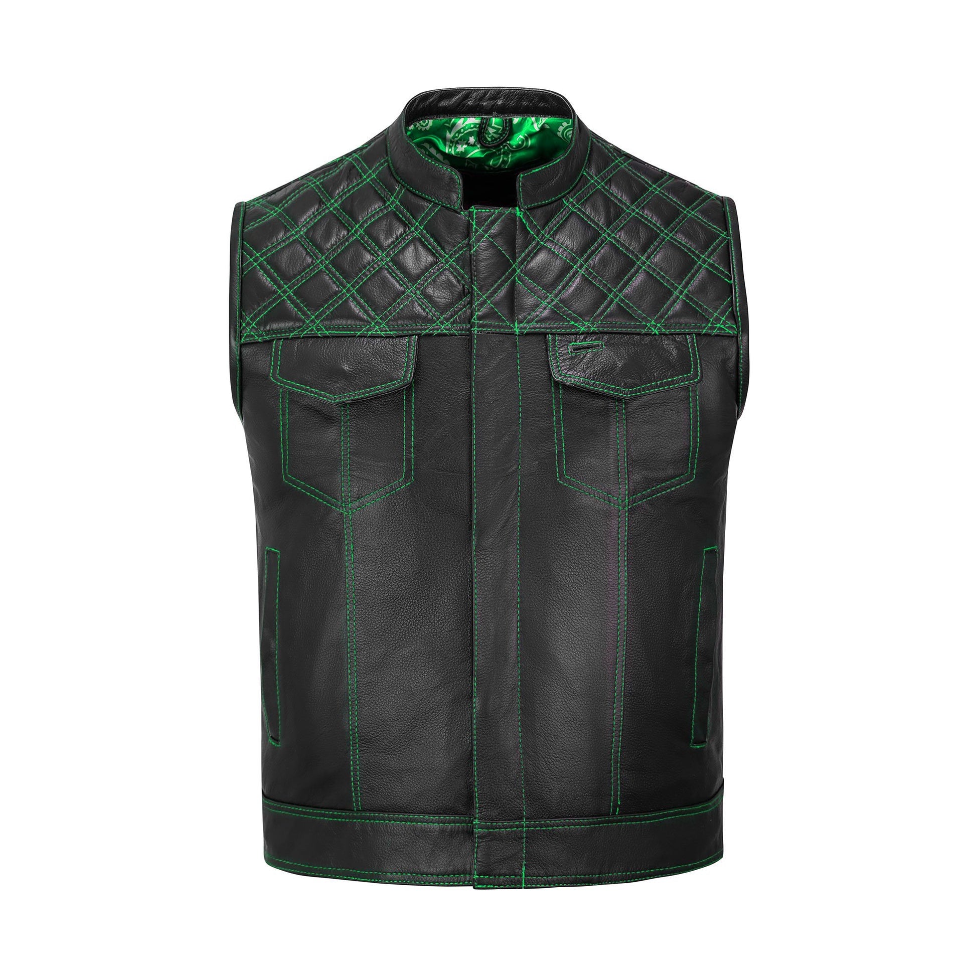 Engineered for riders who demand quality, the Green Diamond Stitched MC Vest blends tough cowhide leather with bold biker style. Featuring a premium satin lining, green diamond stitching, and heavy-duty zipper closure, this vest is built for durability. Customization options allow you to add patches and choose colors and sizes, making it perfect for motorcycle clubs, rebels, and individuals who embrace the biker lifestyle. A must-have for every rider’s collection.