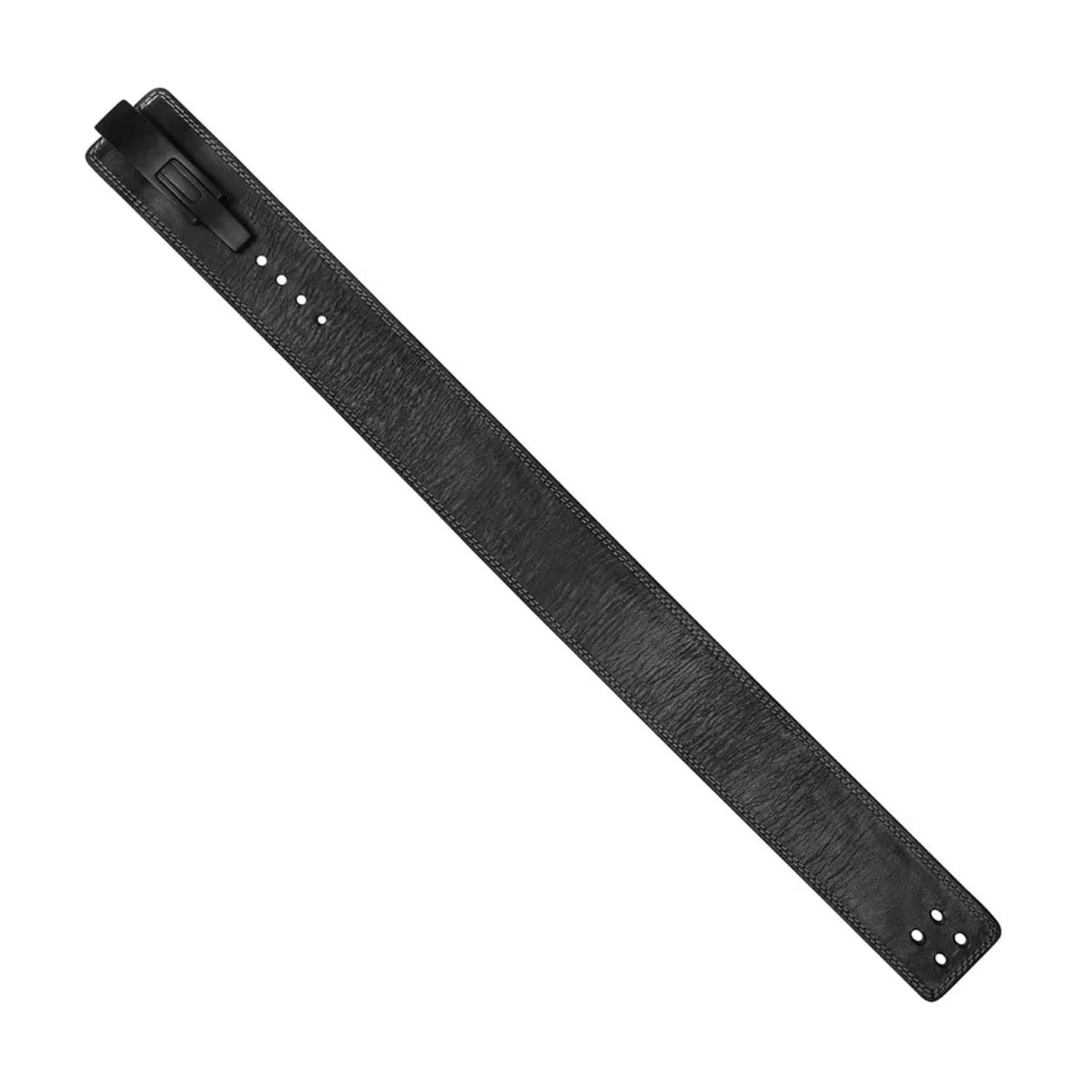 Flat-lay image of the cowhide leather powerlifting belt placed on a gym bench, showing the full belt length, width (4 inches), and thickness (10mm), underlining the product’s heavy-duty specs and customization quality.

