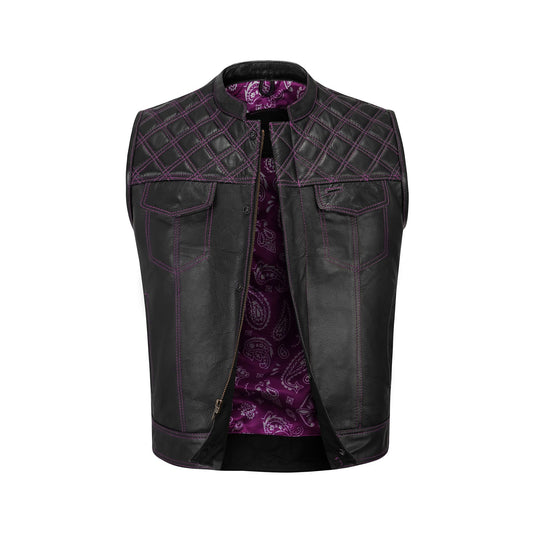 Front angle of a Pink Diamond Stitched MC Club Vest made from genuine cowhide leather. The vest showcases pink diamond stitch accents, a premium satin lining, and secure brass zipper closure. Customizable with biker patches and available in multiple sizes, this vest is designed for motorcycle enthusiasts, club members, and road warriors seeking a rugged yet stylish piece of biker apparel.