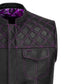 Front angle of a Purple Diamond Stitched MC Club Vest made from genuine cowhide leather. The vest showcases purple diamond stitch accents, a premium satin lining, and secure brass zipper closure. Customizable with biker patches and available in multiple sizes, this vest is designed for motorcycle enthusiasts, club members, and road warriors seeking a rugged yet stylish piece of biker apparel.