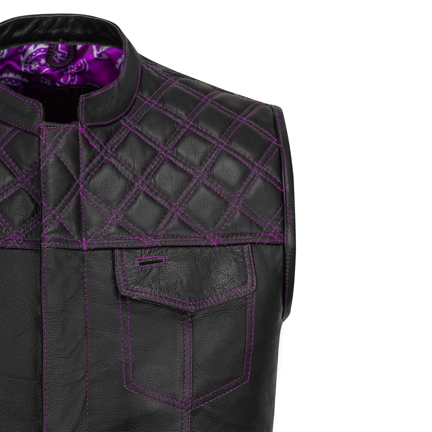 Front angle of a Purple Diamond Stitched MC Club Vest made from genuine cowhide leather. The vest showcases purple diamond stitch accents, a premium satin lining, and secure brass zipper closure. Customizable with biker patches and available in multiple sizes, this vest is designed for motorcycle enthusiasts, club members, and road warriors seeking a rugged yet stylish piece of biker apparel.