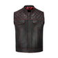 Front angle of a Red Diamond Stitched MC Club Vest made from genuine cowhide leather. The vest showcases red diamond stitch accents, a premium satin lining, and secure brass zipper closure. Customizable with biker patches and available in multiple sizes, this vest is designed for motorcycle enthusiasts, club members, and road warriors seeking a rugged yet stylish piece of biker apparel.