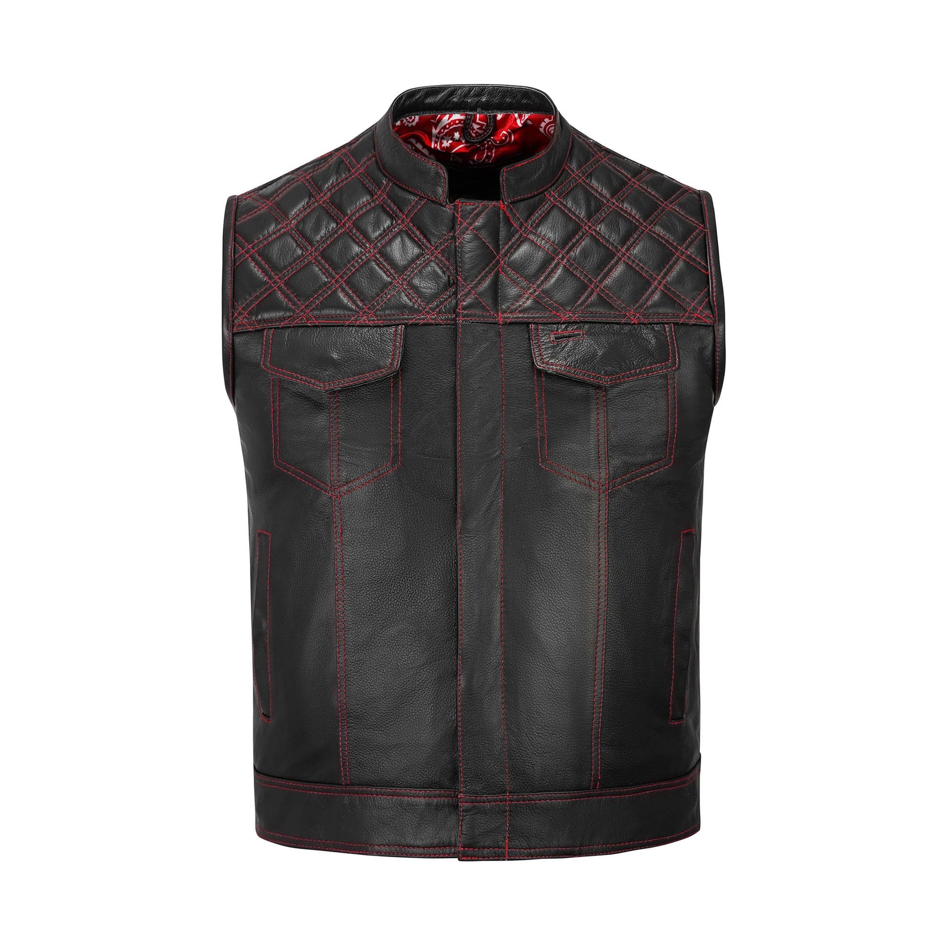 Front angle of a Red Diamond Stitched MC Club Vest made from genuine cowhide leather. The vest showcases red diamond stitch accents, a premium satin lining, and secure brass zipper closure. Customizable with biker patches and available in multiple sizes, this vest is designed for motorcycle enthusiasts, club members, and road warriors seeking a rugged yet stylish piece of biker apparel.
