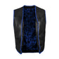 Front view of Buffalo Leather Blue Ribbed Motorcycle Club Vest with ribbed detailing, premium A+ buffalo leather craftsmanship, hook closure system, side lace adjustability, and waist pockets. Custom embroidery option available for biker clubs, perfect vest for motorcycle riding, MC gatherings, club events, and unique biker fashion style for men and women riders.