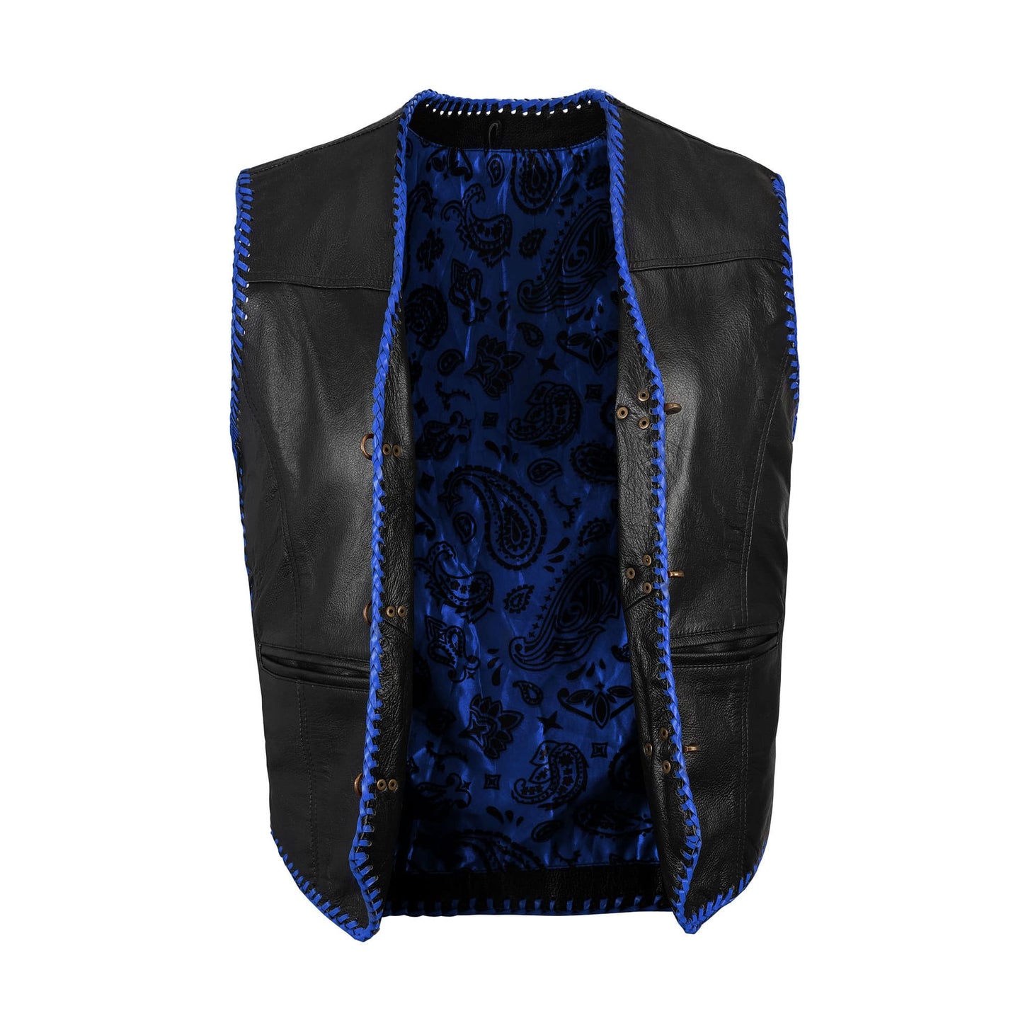 Front view of Buffalo Leather Blue Ribbed Motorcycle Club Vest with ribbed detailing, premium A+ buffalo leather craftsmanship, hook closure system, side lace adjustability, and waist pockets. Custom embroidery option available for biker clubs, perfect vest for motorcycle riding, MC gatherings, club events, and unique biker fashion style for men and women riders.