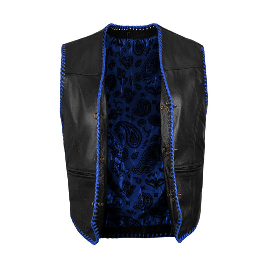 Front view of Buffalo Leather Blue Ribbed Motorcycle Club Vest with ribbed detailing, premium A+ buffalo leather craftsmanship, hook closure system, side lace adjustability, and waist pockets. Custom embroidery option available for biker clubs, perfect vest for motorcycle riding, MC gatherings, club events, and unique biker fashion style for men and women riders.