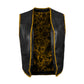 Front view of Buffalo Leather Golden Ribbed Motorcycle Club Vest showcasing premium buffalo leather craftsmanship, ribbed detailing in gold, satin lining, hook closure, and waist pockets. Perfect for riders and motorcycle club members looking for customizable biker vests with durability, storage, and personalized embroidery options.