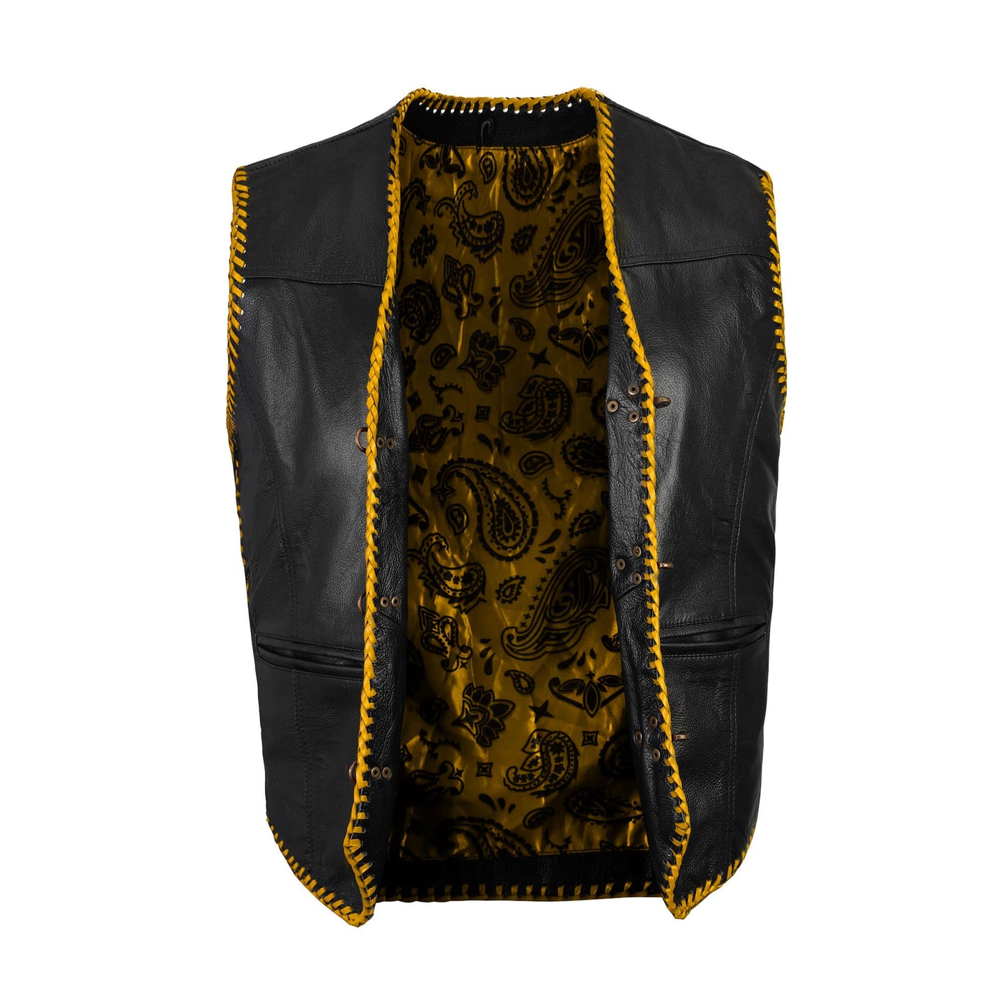 Front view of Buffalo Leather Golden Ribbed Motorcycle Club Vest showcasing premium buffalo leather craftsmanship, ribbed detailing in gold, satin lining, hook closure, and waist pockets. Perfect for riders and motorcycle club members looking for customizable biker vests with durability, storage, and personalized embroidery options.