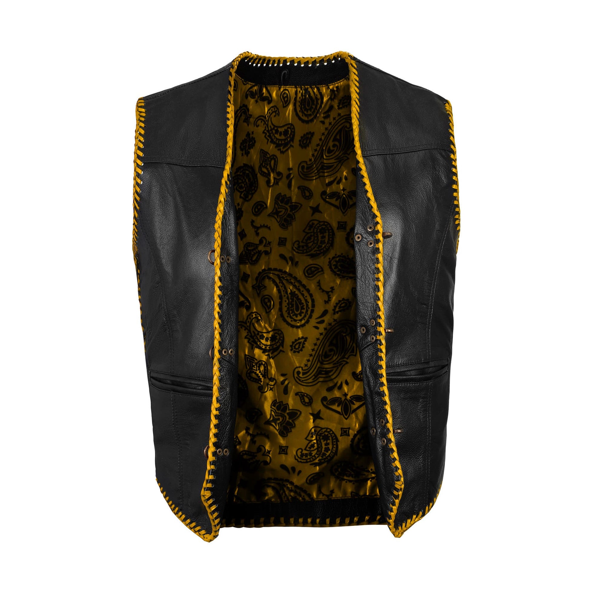Front view of Buffalo Leather Golden Ribbed Motorcycle Club Vest showcasing premium buffalo leather craftsmanship, ribbed detailing in gold, satin lining, hook closure, and waist pockets. Perfect for riders and motorcycle club members looking for customizable biker vests with durability, storage, and personalized embroidery options.