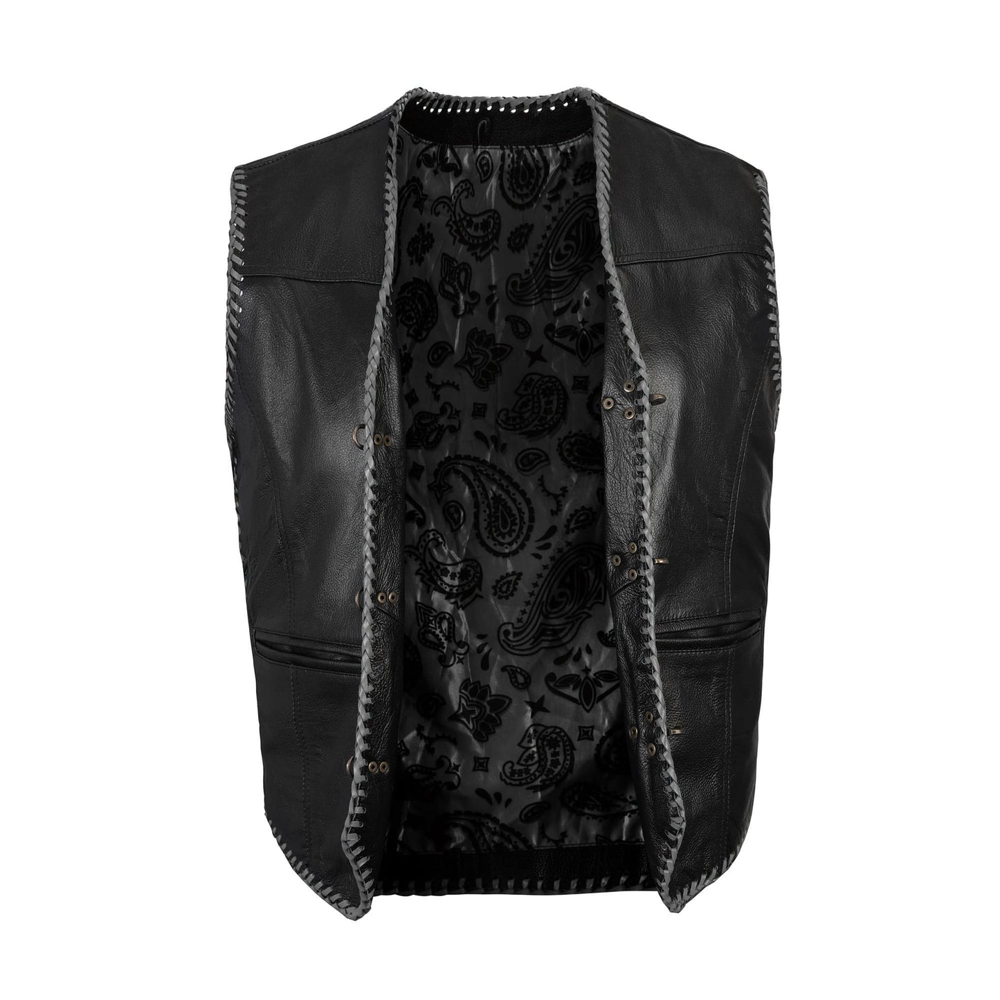 Front view of Buffalo Leather Grey Ribbed Motorcycle Club Vest showing ribbed leather detailing, strong buffalo leather body, satin lining, hook closure, and functional waist pockets. Built for bikers and MC club riders who want durability, personalization, and standout biker fashion for rallies, rides, and motorcycle gatherings.