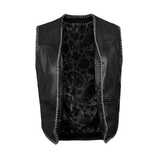 Front view of Buffalo Leather Grey Ribbed Motorcycle Club Vest showing ribbed leather detailing, strong buffalo leather body, satin lining, hook closure, and functional waist pockets. Built for bikers and MC club riders who want durability, personalization, and standout biker fashion for rallies, rides, and motorcycle gatherings.