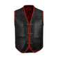 Front view of handcrafted buffalo leather red biker vest featuring bold ribbed detailing, adjustable side laces, and durable snap button closure. Designed for motorcycle club members and riders, this custom MC vest offers a rugged yet stylish look with premium buffalo hide for long-lasting wear on the road.
